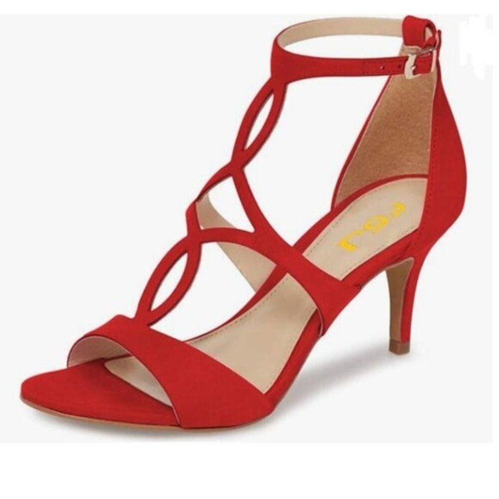 FSJ Red Strappy Ankle Strap Sandals Open Toe High Heel Caged Cutout Fashion Shoe